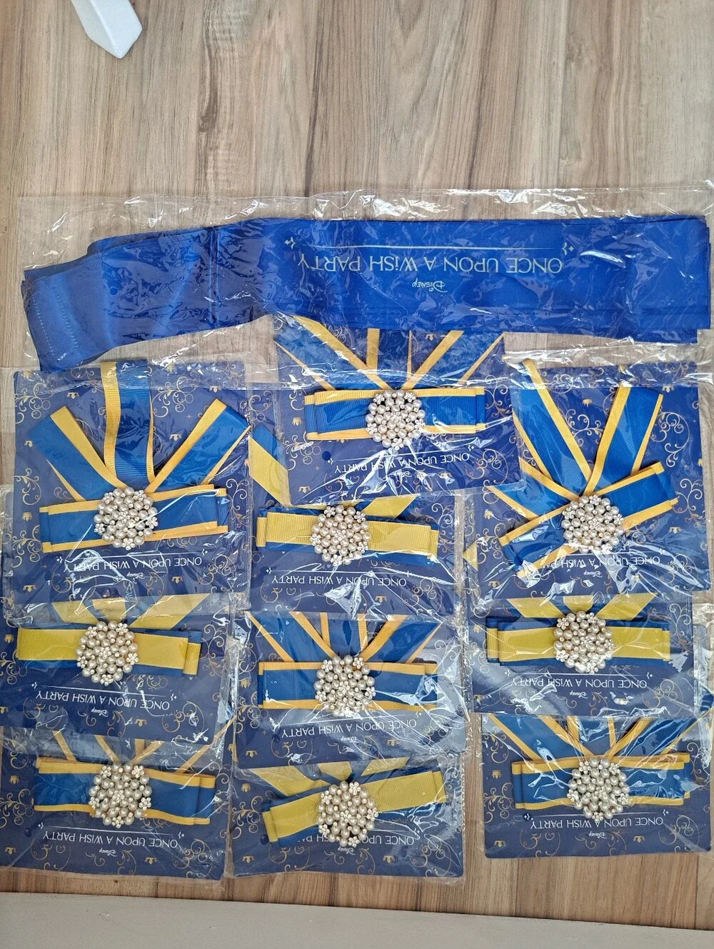 Disney Once Upon A Wish Party Blue/Gold Pearl Cluster Ribbon Bows Sashe 10 each